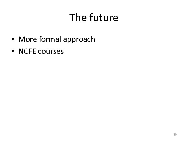 The future • More formal approach • NCFE courses 19 