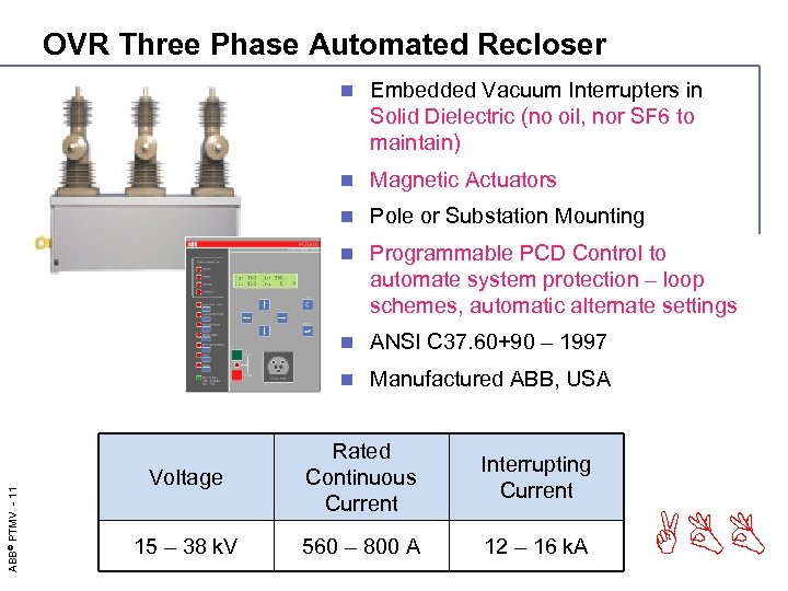 OVR Three Phase Automated Recloser Embedded Vacuum Interrupters in Solid Dielectric (no oil, nor