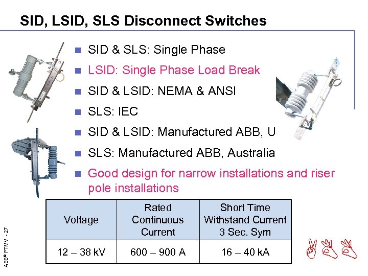 SID, LSID, SLS Disconnect Switches n SID & SLS: Single Phase n LSID: Single