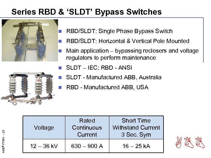 Series RBD & ‘SLDT’ Bypass Switches RBD/SLDT: Single Phase Bypass Switch n RBD/SLDT: Horizontal