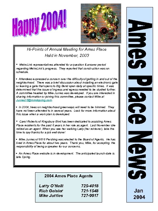 Hi-Points of Annual Meeting for Ames Place Held in November, 2003 • Metro. Link