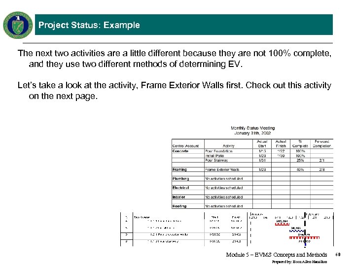 Project Status: Example The next two activities are a little different because they are