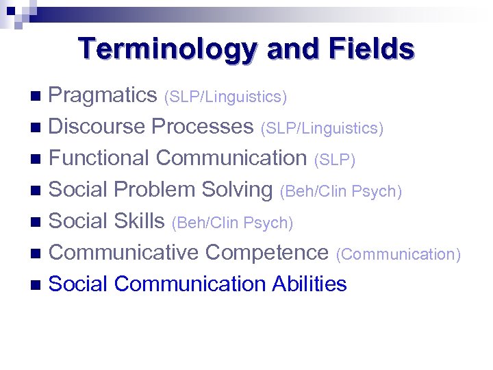 Terminology and Fields Pragmatics (SLP/Linguistics) n Discourse Processes (SLP/Linguistics) n Functional Communication (SLP) n