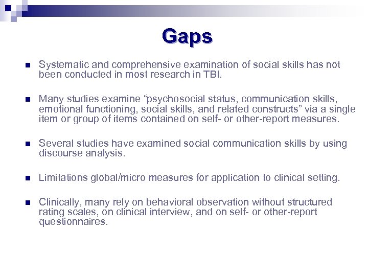 Gaps n Systematic and comprehensive examination of social skills has not been conducted in