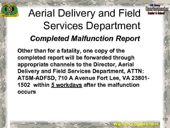 Aerial Delivery and Field Services Department Completed Malfunction Report Other than for a fatality,