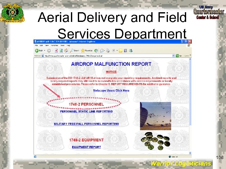 Aerial Delivery and Field Services Department 108 Warrior Logisticians 