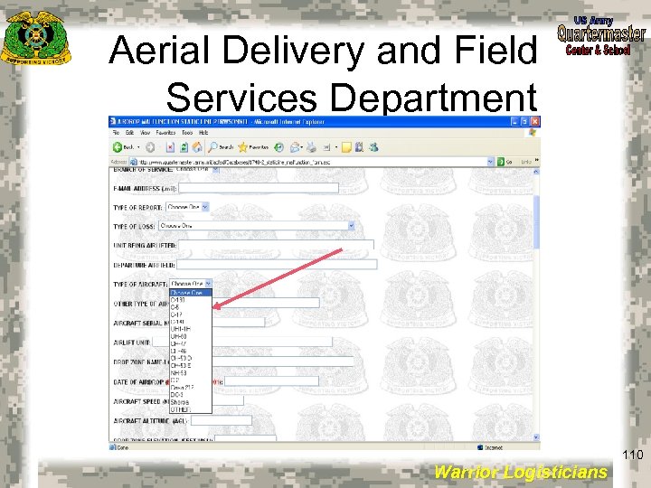 Aerial Delivery and Field Services Department 110 Warrior Logisticians 