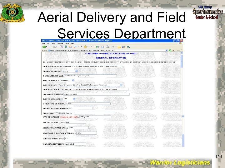 Aerial Delivery and Field Services Department 111 Warrior Logisticians 