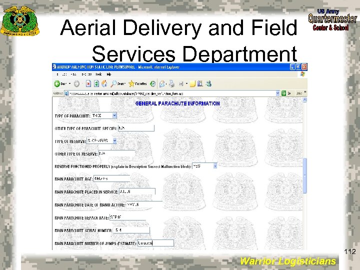 Aerial Delivery and Field Services Department 112 Warrior Logisticians 