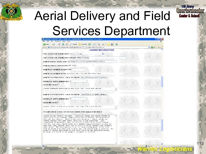 Aerial Delivery and Field Services Department 113 Warrior Logisticians 