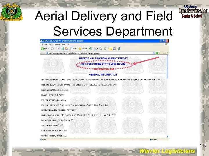 Aerial Delivery and Field Services Department 115 Warrior Logisticians 