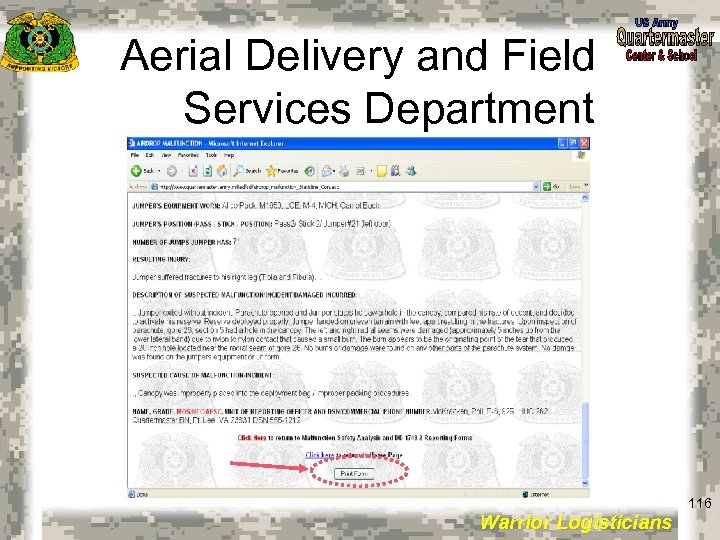 Aerial Delivery and Field Services Department 116 Warrior Logisticians 