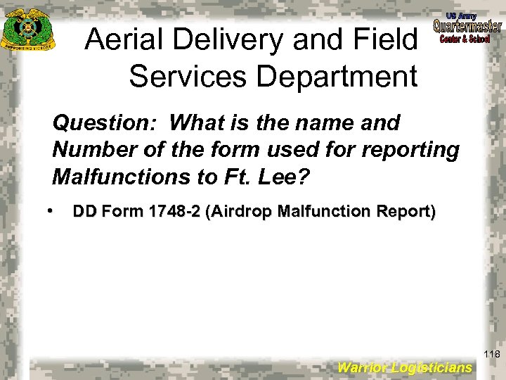 Aerial Delivery and Field Services Department Question: What is the name and Number of