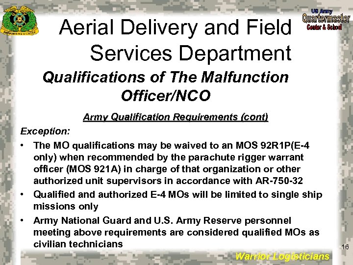 Aerial Delivery and Field Services Department Qualifications of The Malfunction Officer/NCO Army Qualification Requirements