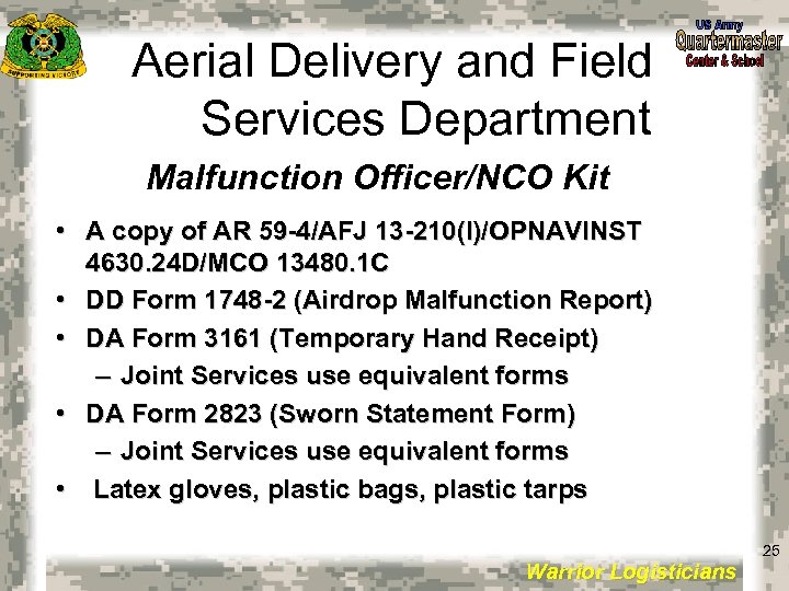 Aerial Delivery and Field Services Department Malfunction Officer/NCO Kit • A copy of AR