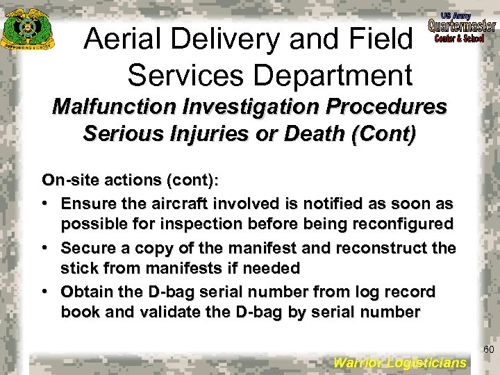 Aerial Delivery and Field Services Department Malfunction Investigation Procedures Serious Injuries or Death (Cont)