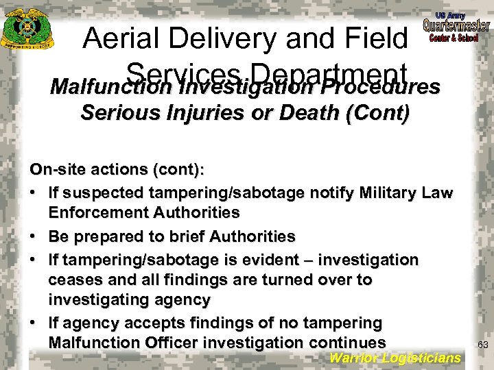 Aerial Delivery and Field Services Department Malfunction Investigation Procedures Serious Injuries or Death (Cont)