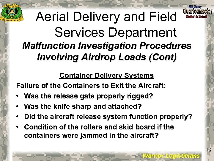 Aerial Delivery and Field Services Department Malfunction Investigation Procedures Involving Airdrop Loads (Cont) Container