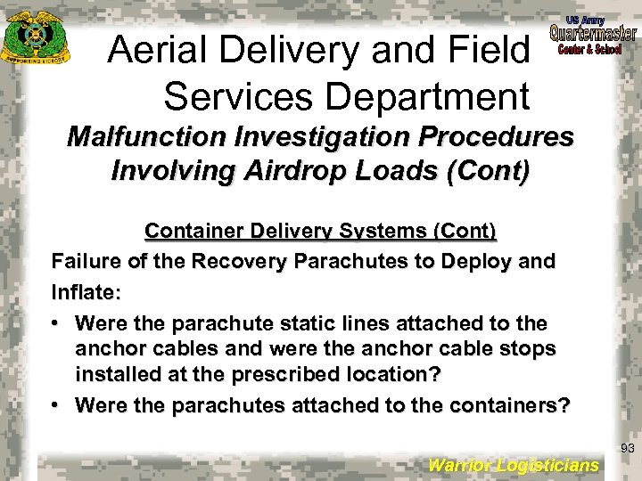 Aerial Delivery and Field Services Department Malfunction Investigation Procedures Involving Airdrop Loads (Cont) Container