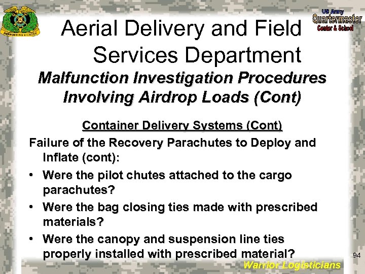 Aerial Delivery and Field Services Department Malfunction Investigation Procedures Involving Airdrop Loads (Cont) Container