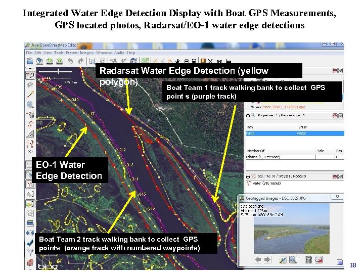 Integrated Water Edge Detection Display with Boat GPS Measurements, GPS located photos, Radarsat/EO-1 water