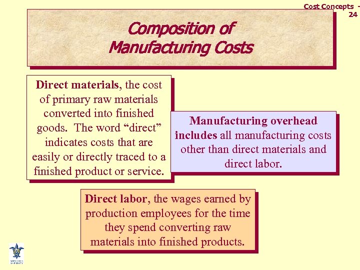 Composition of Manufacturing Costs Cost Concepts 24 Direct materials, the cost of primary raw