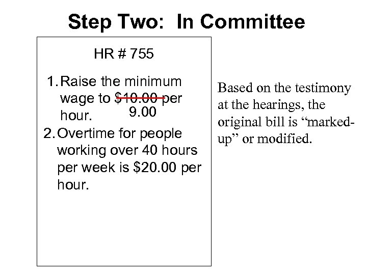 Step Two: In Committee HR # 755 1. Raise the minimum wage to $10.