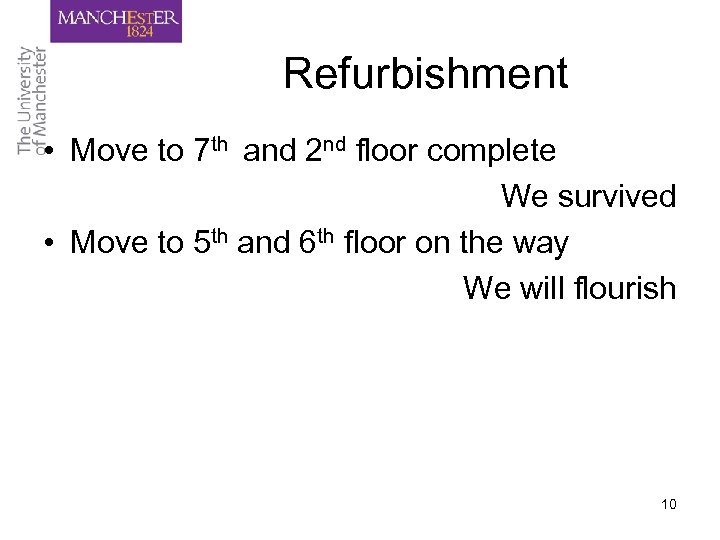 Refurbishment • Move to 7 th and 2 nd floor complete We survived •