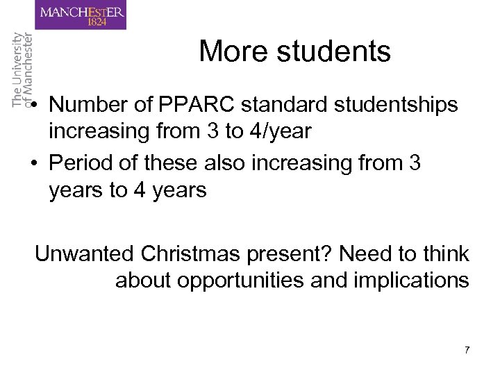 More students • Number of PPARC standard studentships increasing from 3 to 4/year •