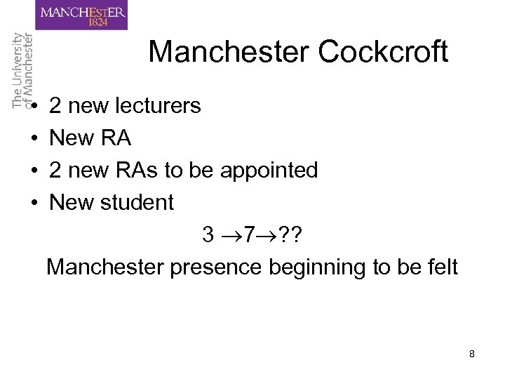 Manchester Cockcroft • • 2 new lecturers New RA 2 new RAs to be