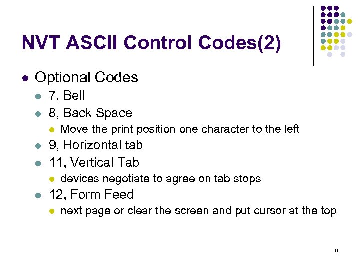 NVT ASCII Control Codes(2) l Optional Codes l l 7, Bell 8, Back Space