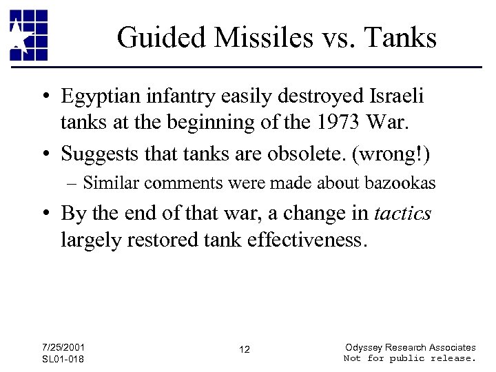 Guided Missiles vs. Tanks • Egyptian infantry easily destroyed Israeli tanks at the beginning