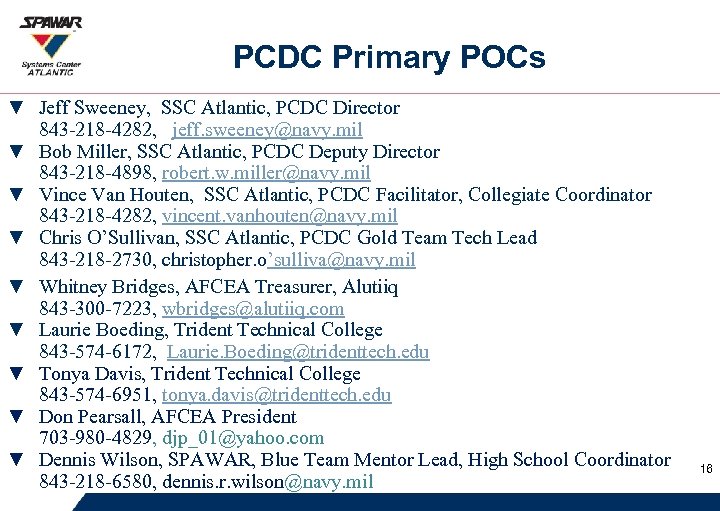 PCDC Primary POCs ▼ Jeff Sweeney, SSC Atlantic, PCDC Director ▼ ▼ ▼ ▼