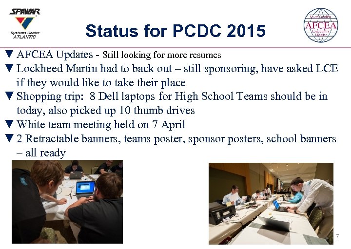 Status for PCDC 2015 ▼ AFCEA Updates - Still looking for more resumes ▼