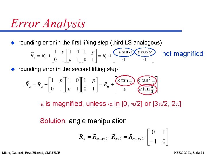 Error Analysis u rounding error in the first lifting step (third LS analogous) not