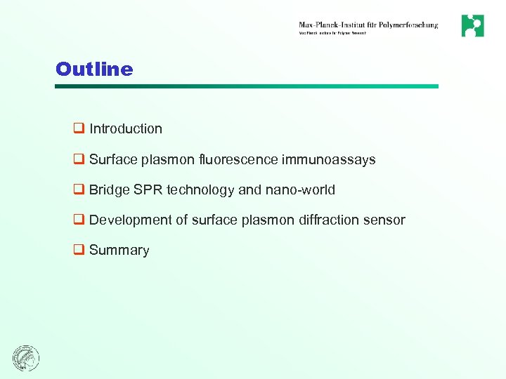 Outline q Introduction q Surface plasmon fluorescence immunoassays q Bridge SPR technology and nano-world