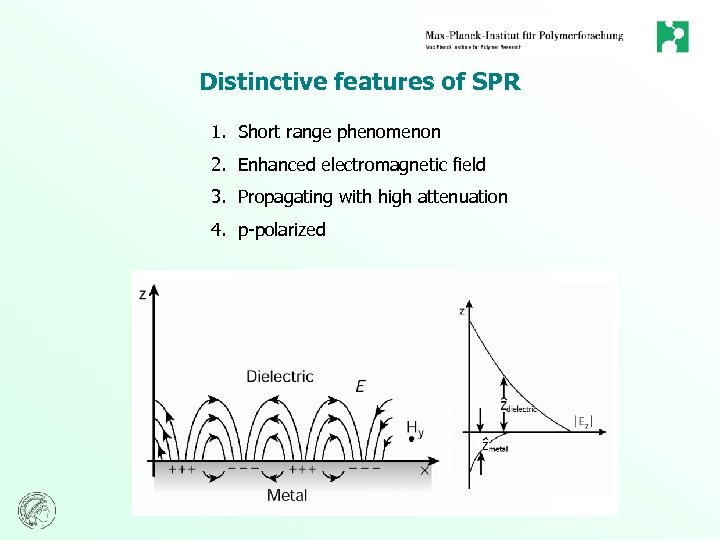 Distinctive features of SPR 1. Short range phenomenon 2. Enhanced electromagnetic field 3. Propagating
