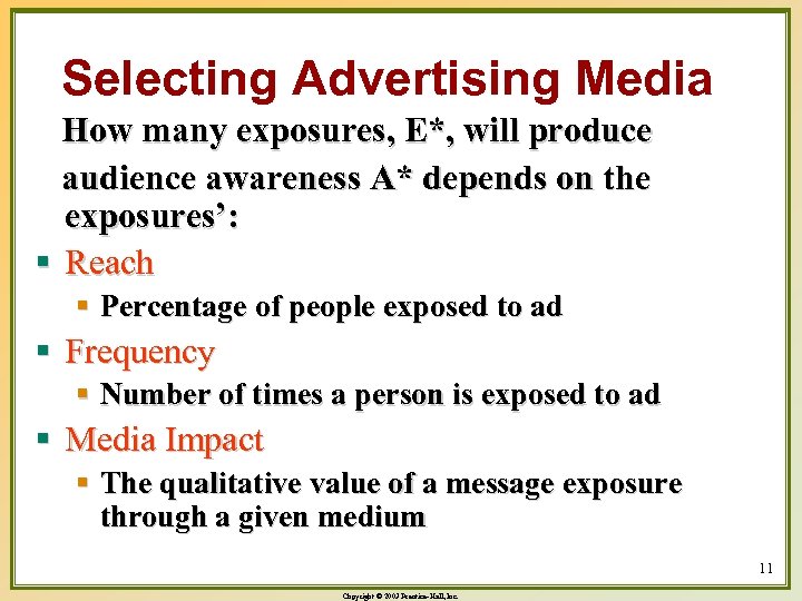 Selecting Advertising Media How many exposures, E*, will produce audience awareness A* depends on