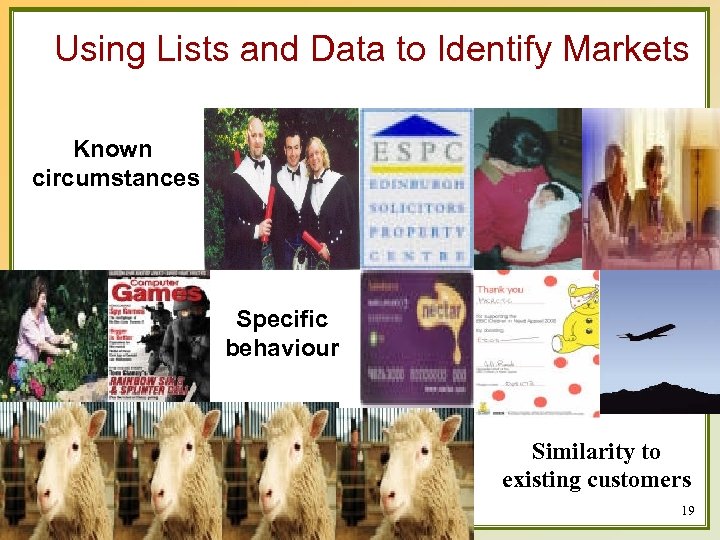 Using Lists and Data to Identify Markets Known circumstances Specific behaviour Similarity to existing
