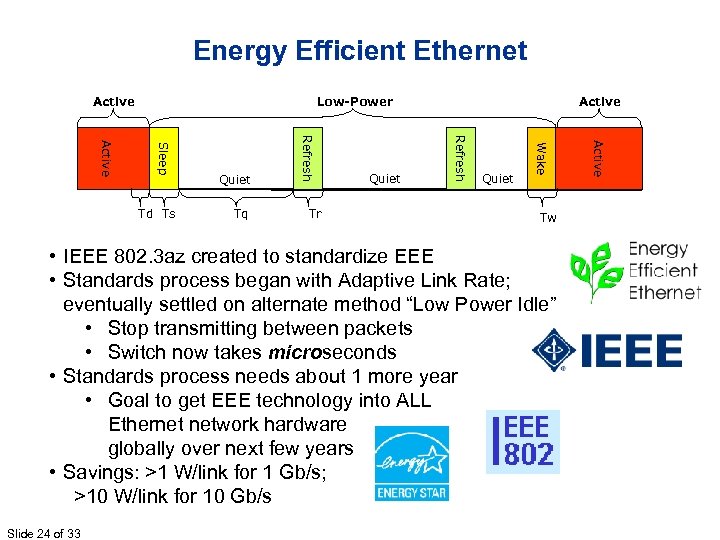 Energy Efficient Ethernet Active Low-Power Tw • IEEE 802. 3 az created to standardize
