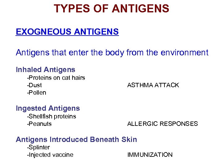 TYPES OF ANTIGENS EXOGNEOUS ANTIGENS Antigens that enter the body from the environment Inhaled