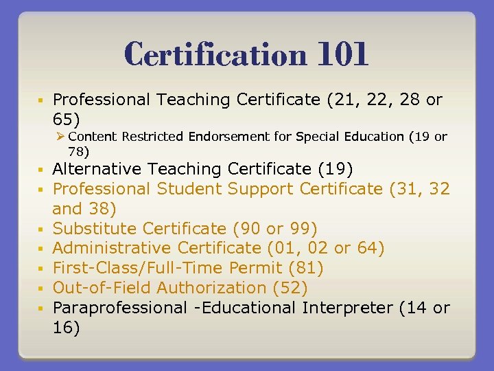 Certification 101 § Professional Teaching Certificate (21, 22, 28 or 65) Ø Content Restricted