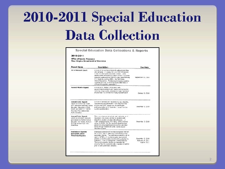 2010 -2011 Special Education Data Collection 2 