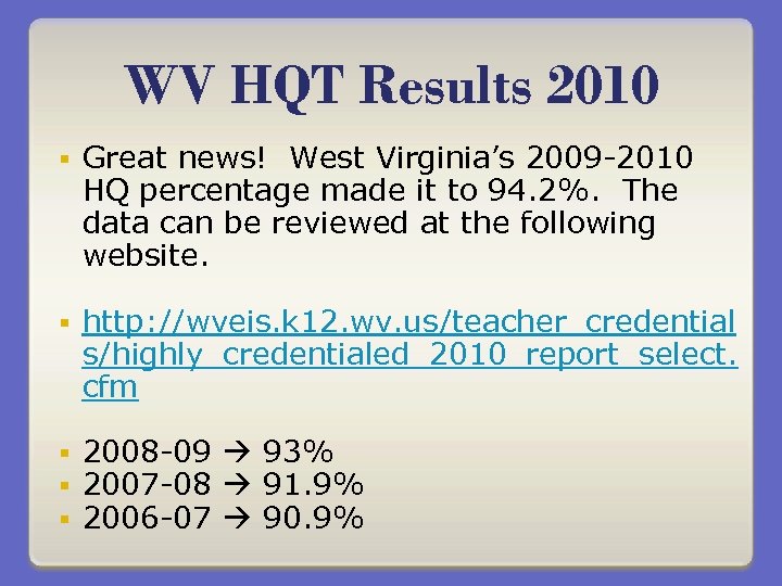 WV HQT Results 2010 § Great news! West Virginia’s 2009 -2010 HQ percentage made