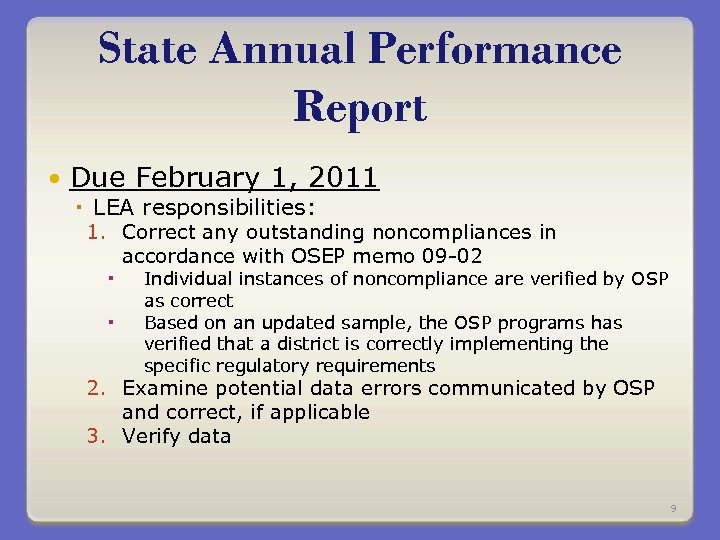 State Annual Performance Report Due February 1, 2011 LEA responsibilities: 1. Correct any outstanding