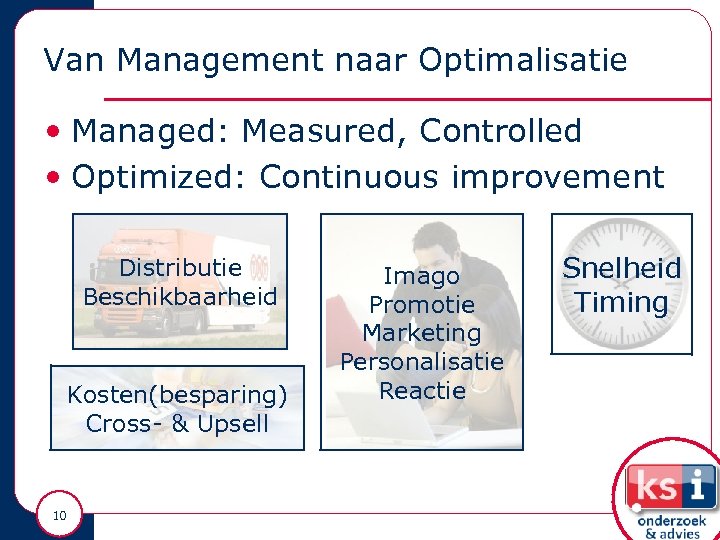Van Management naar Optimalisatie • Managed: Measured, Controlled • Optimized: Continuous improvement Distributie Beschikbaarheid