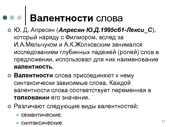 Валентности слова ¢ ¢ ¢ Ю. Д. Апресян (Апресян Ю. Д. 1995 сб 1