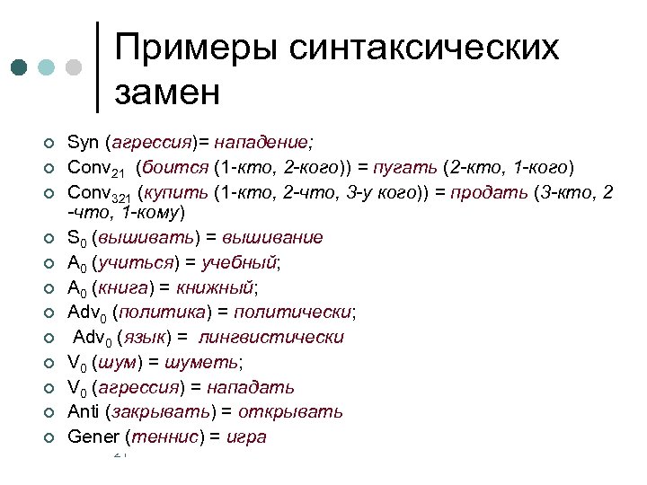Примеры синтаксических замен ¢ ¢ ¢ Syn (агрессия)= нападение; Conv 21 (боится (1 -кто,