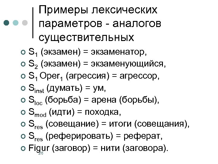 Примеры лексических параметров - аналогов существительных S 1 (экзамен) = экзаменатор, ¢ S 2