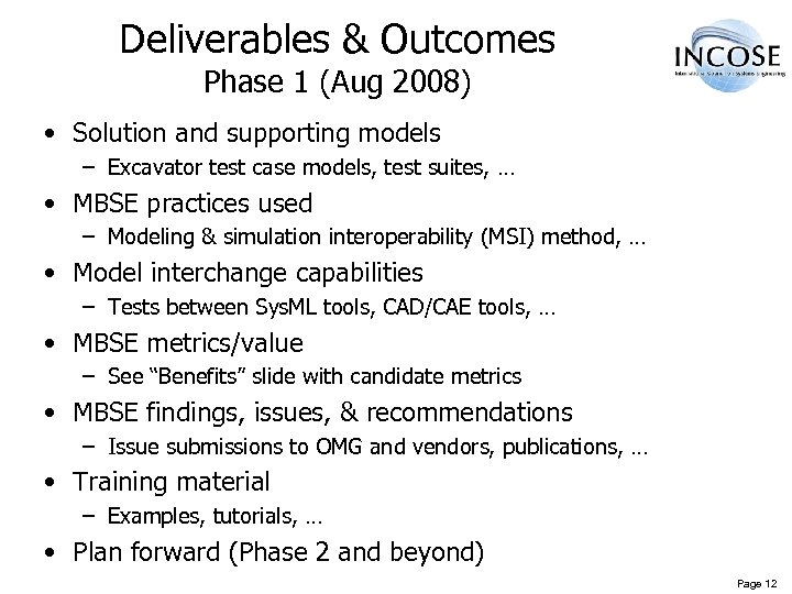 Deliverables & Outcomes Phase 1 (Aug 2008) • Solution and supporting models – Excavator
